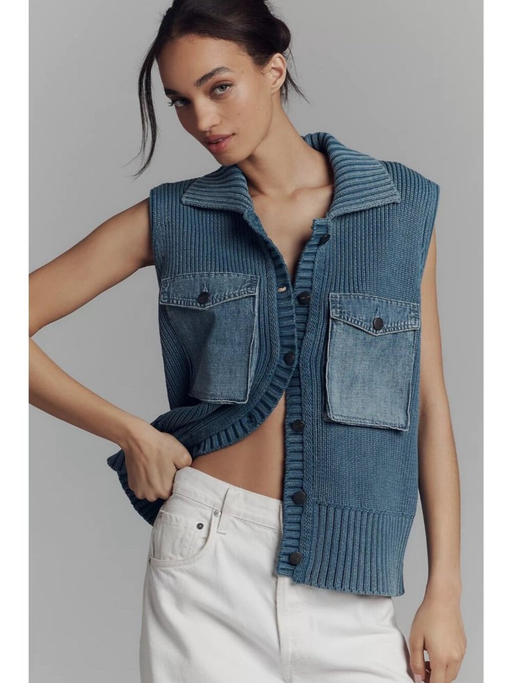 Anthropologie Pilcro Size Large Reworked Denim Collared Sweater Vest NWT $188